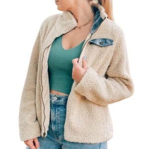 Pendleton Teddy Sherpa Fluffy Zip Up Ivory Blue Cream Flannel Womens Jacket Sz S